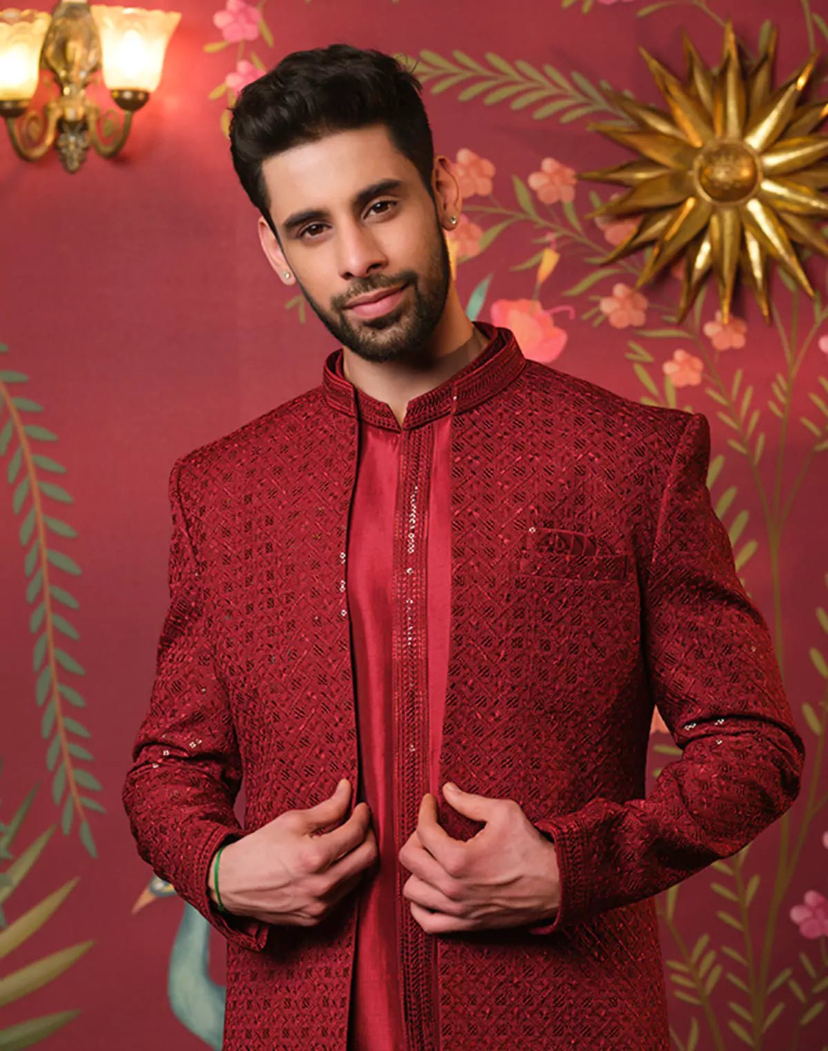 Image of Maroon Self Highlighted Thread with Sequence work Raw Silk Indo Open Jacket - South India Shopping Mall