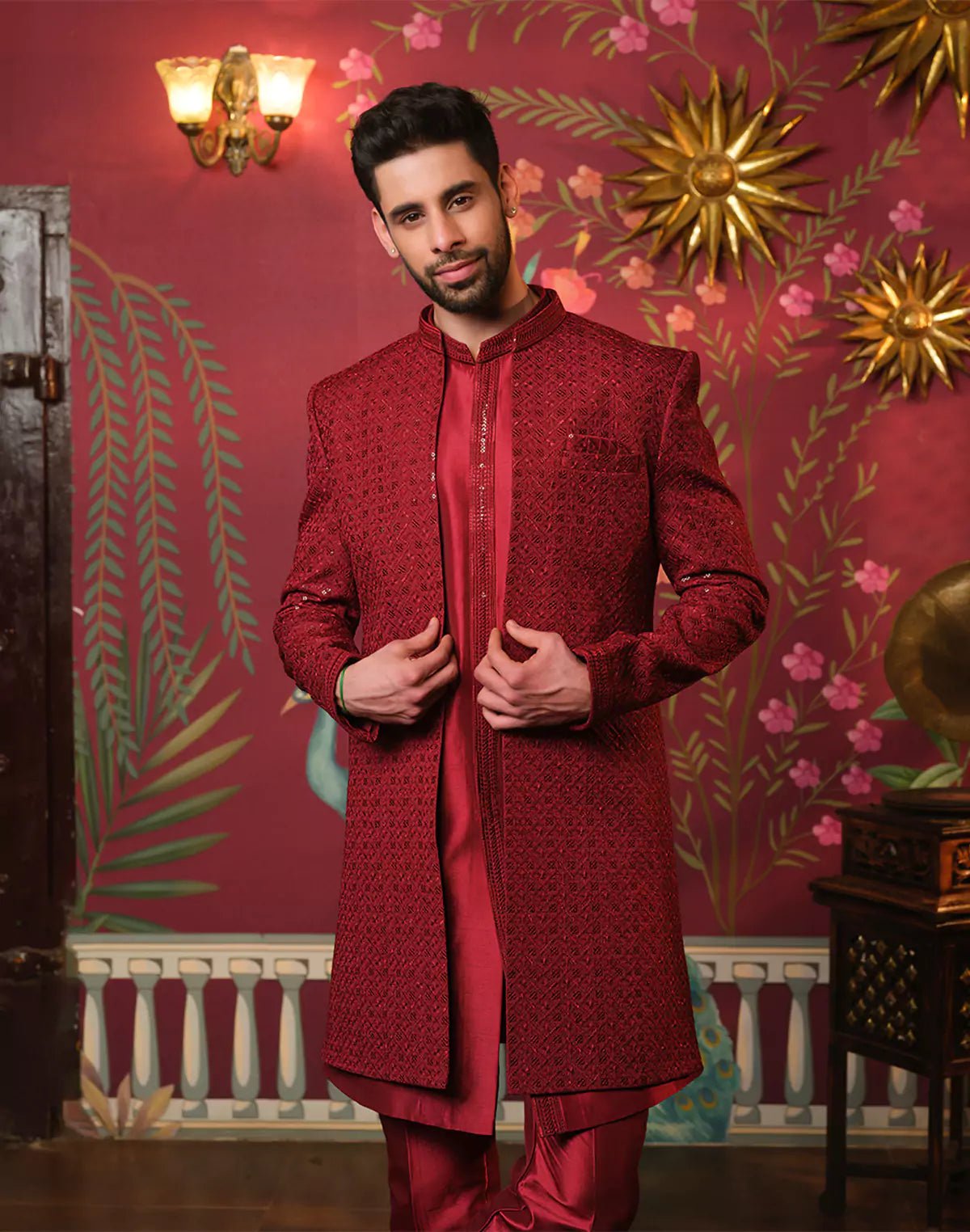 Image of Maroon Self Highlighted Thread with Sequence work Raw Silk Indo Open Jacket - South India Shopping Mall