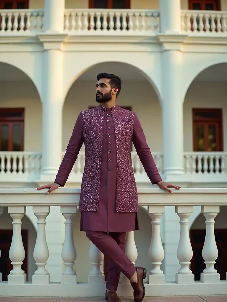 Image of Maroon Self Patterned Sequinned Layered Raw Silk Indo Open Style - South India Shopping Mall