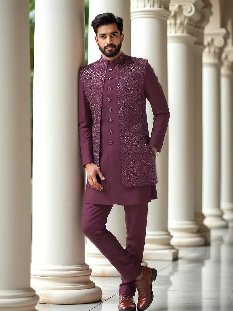 Image of Maroon Self Patterned Sequinned Layered Raw Silk Indo Open Style - South India Shopping Mall