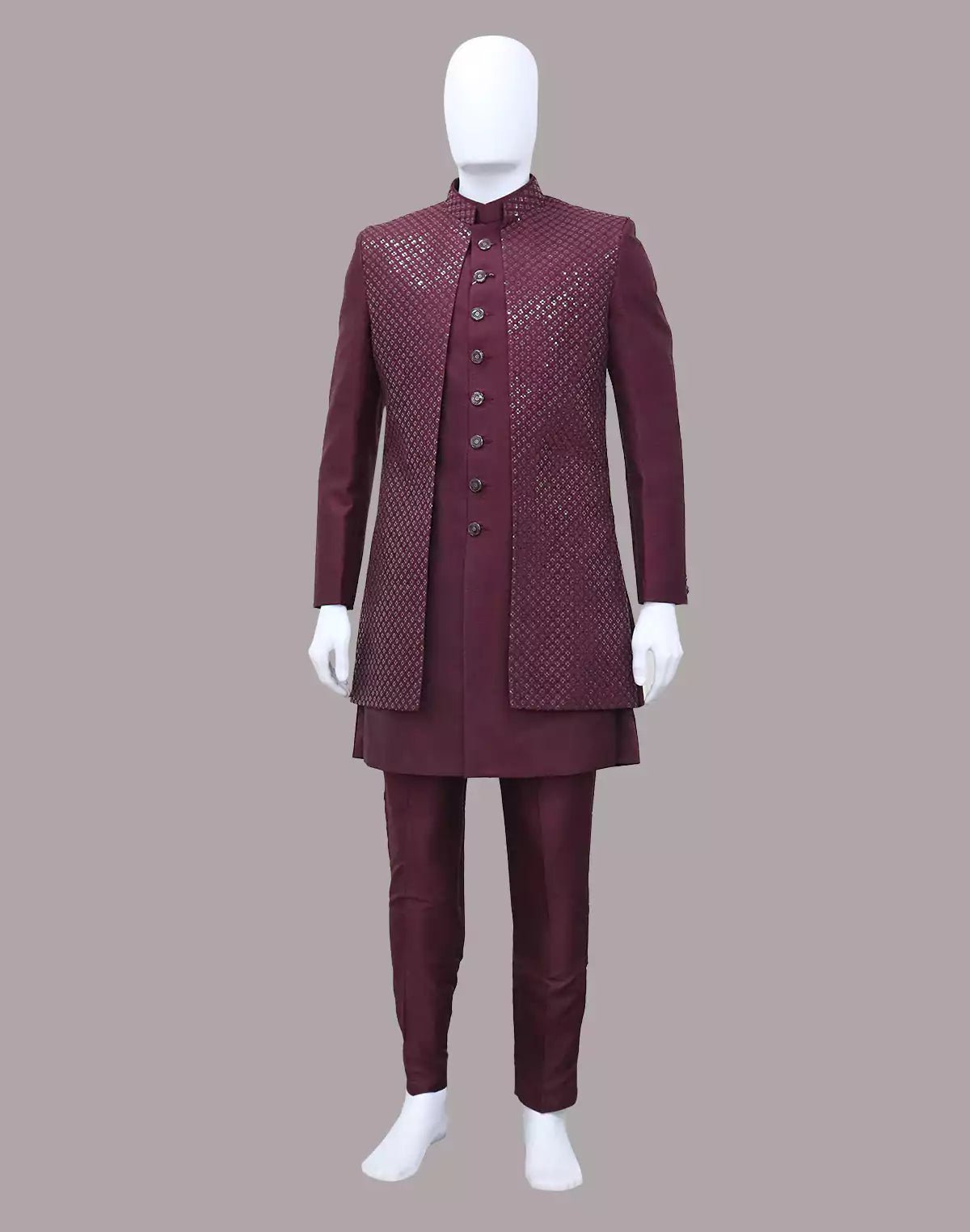 Image of Maroon Self Patterned Sequinned Layered Raw Silk Indo Open Style - South India Shopping Mall