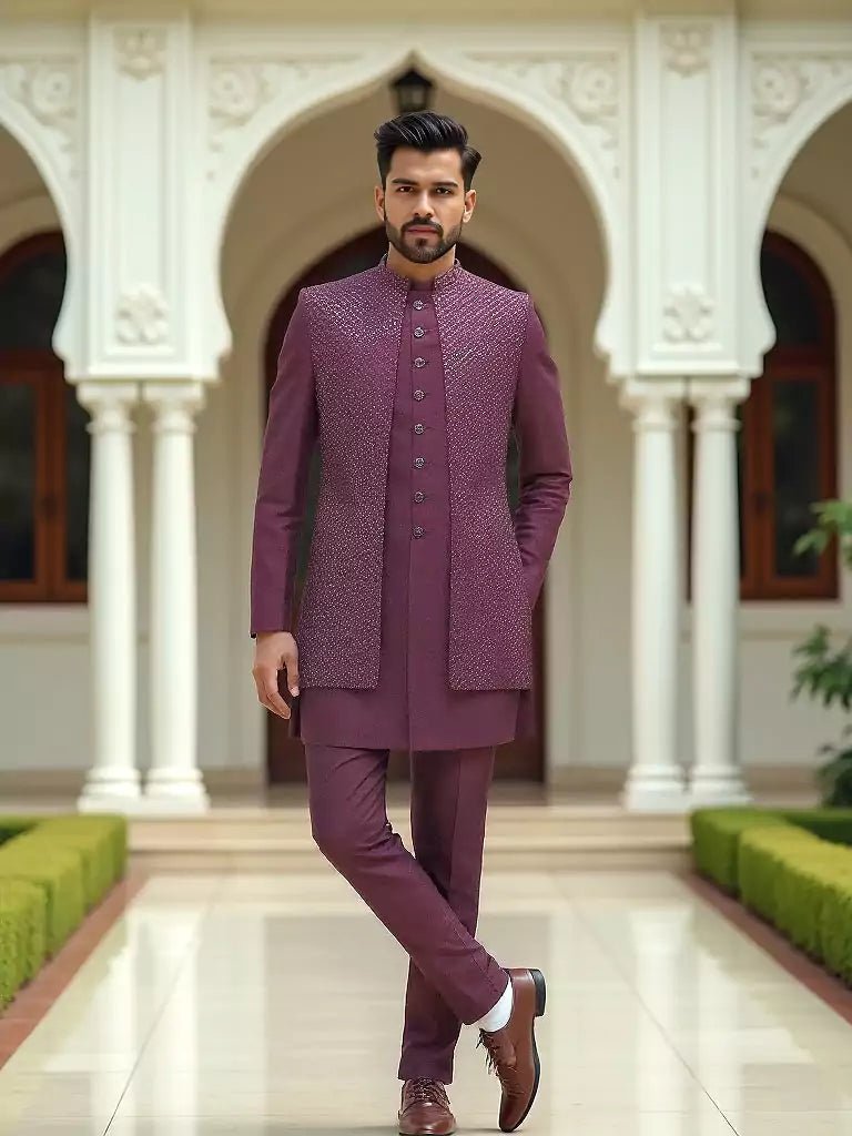 Image of Maroon Self Patterned Sequinned Layered Raw Silk Indo Open Style - South India Shopping Mall