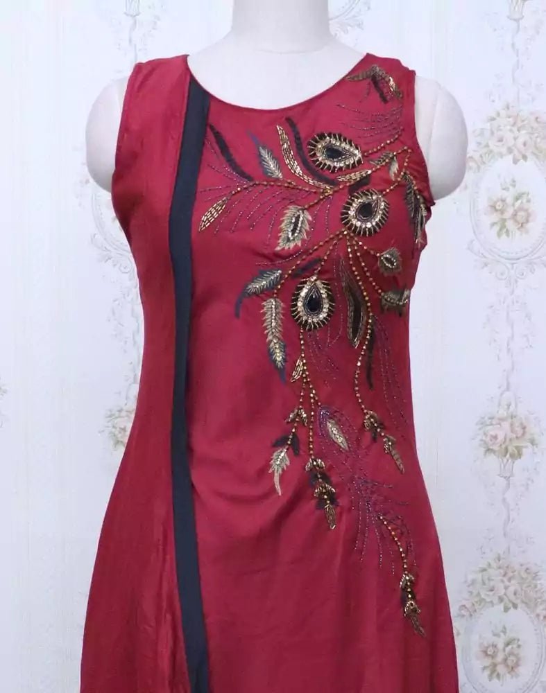 Image of Maroon Silk Kundhan work Kurti - South India Shopping Mall