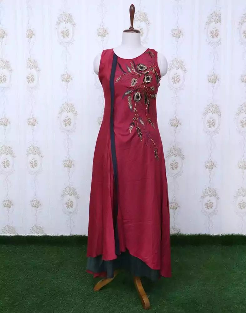 Image of Maroon Silk Kundhan work Kurti - South India Shopping Mall