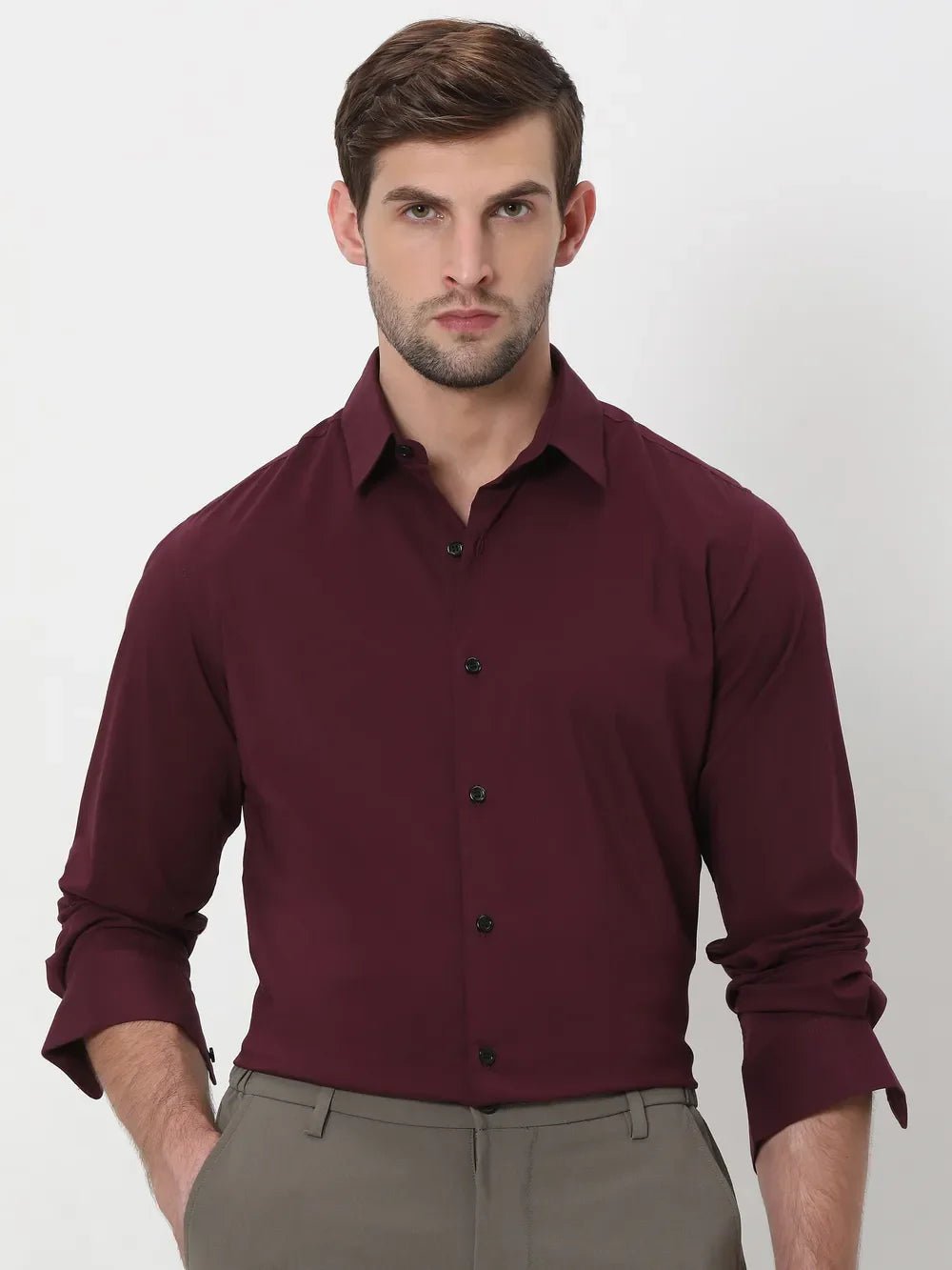 Image of Maroon Stretch Plain Cotton Full Sleeve Shirt - South India Shopping Mall