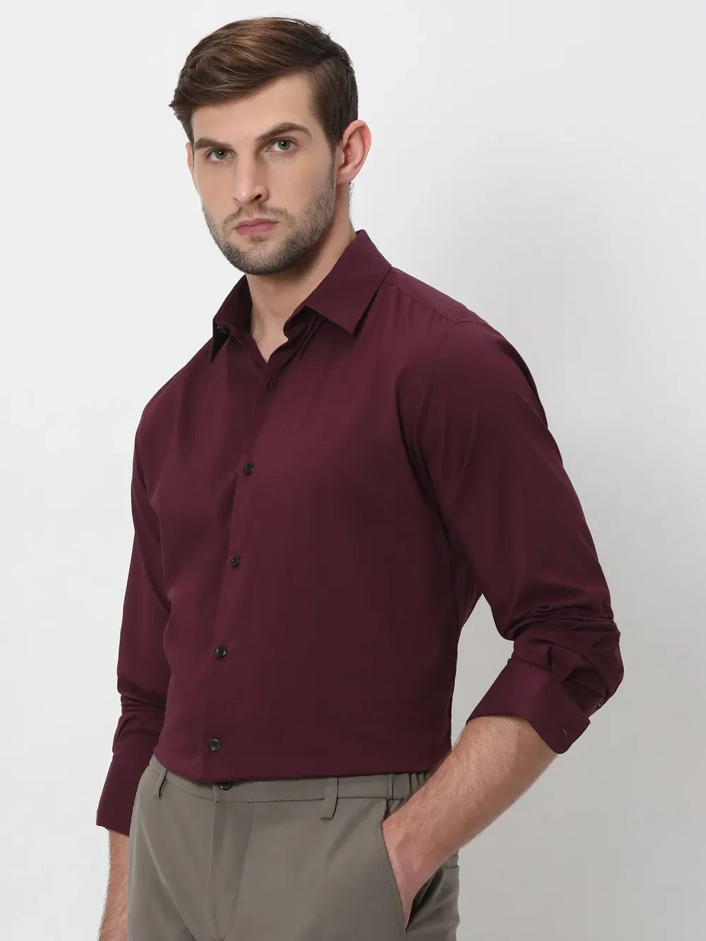 Image of Maroon Stretch Plain Cotton Full Sleeve Shirt - South India Shopping Mall