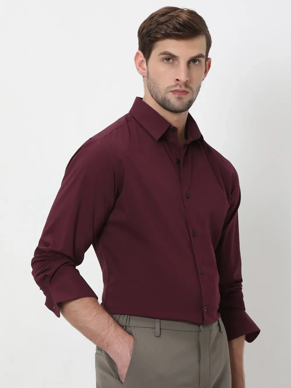 Image of Maroon Stretch Plain Cotton Full Sleeve Shirt - South India Shopping Mall
