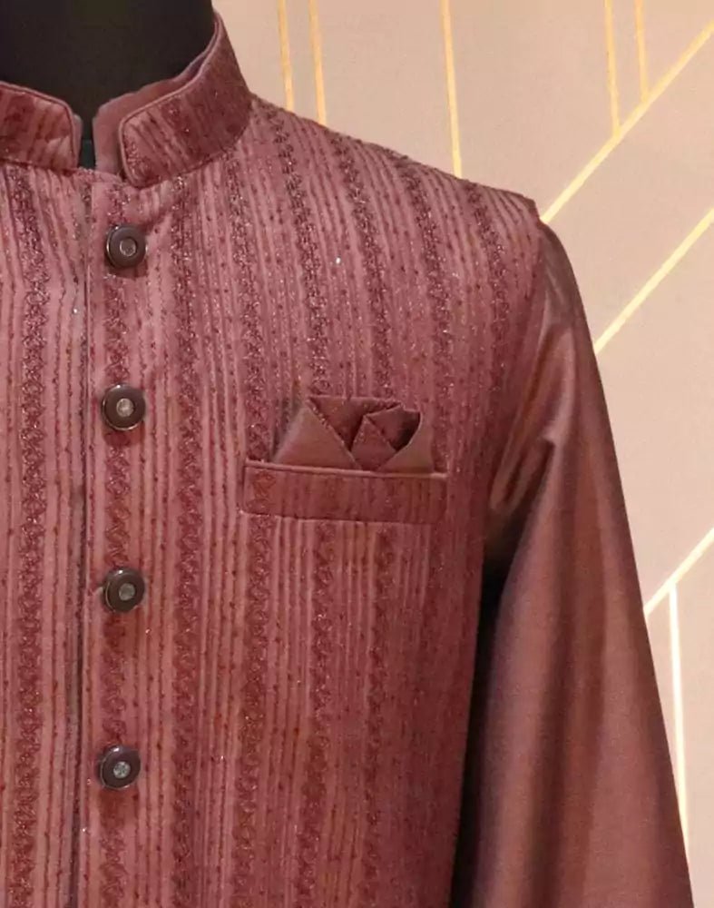 Image of Maroon Striped Raw Silk Weave Kurta Jacket Set - South India Shopping Mall