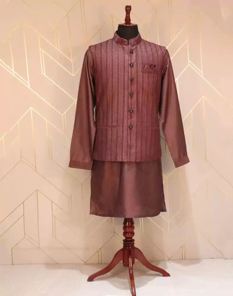 Image of Maroon Striped Raw Silk Weave Kurta Jacket Set - South India Shopping Mall