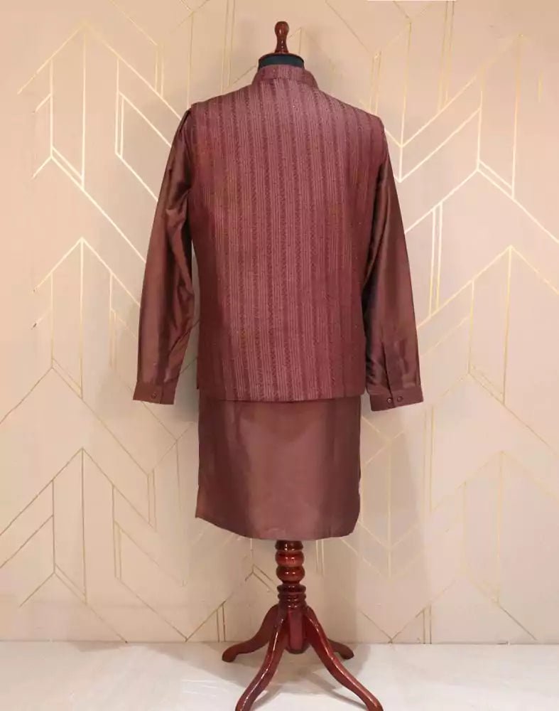Image of Maroon Striped Raw Silk Weave Kurta Jacket Set - South India Shopping Mall