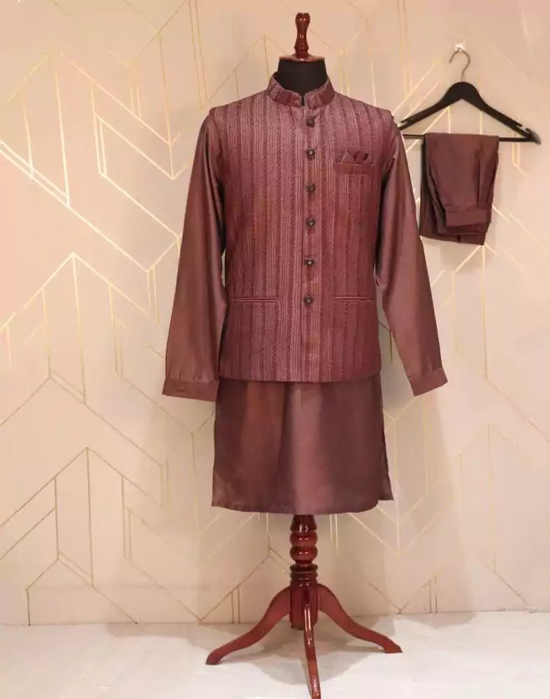 Image of Maroon Striped Raw Silk Weave Kurta Jacket Set - South India Shopping Mall