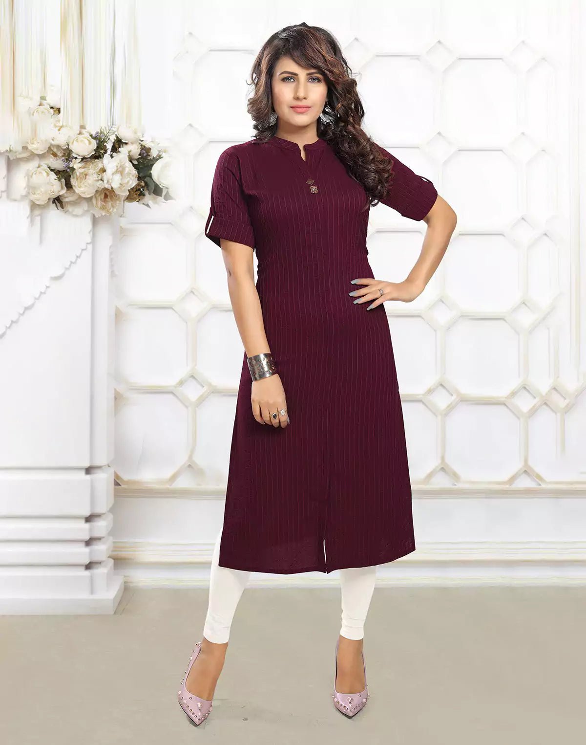 Image of Maroon Stripes Self Pattern Cotton Silk Kurti - South India Shopping Mall