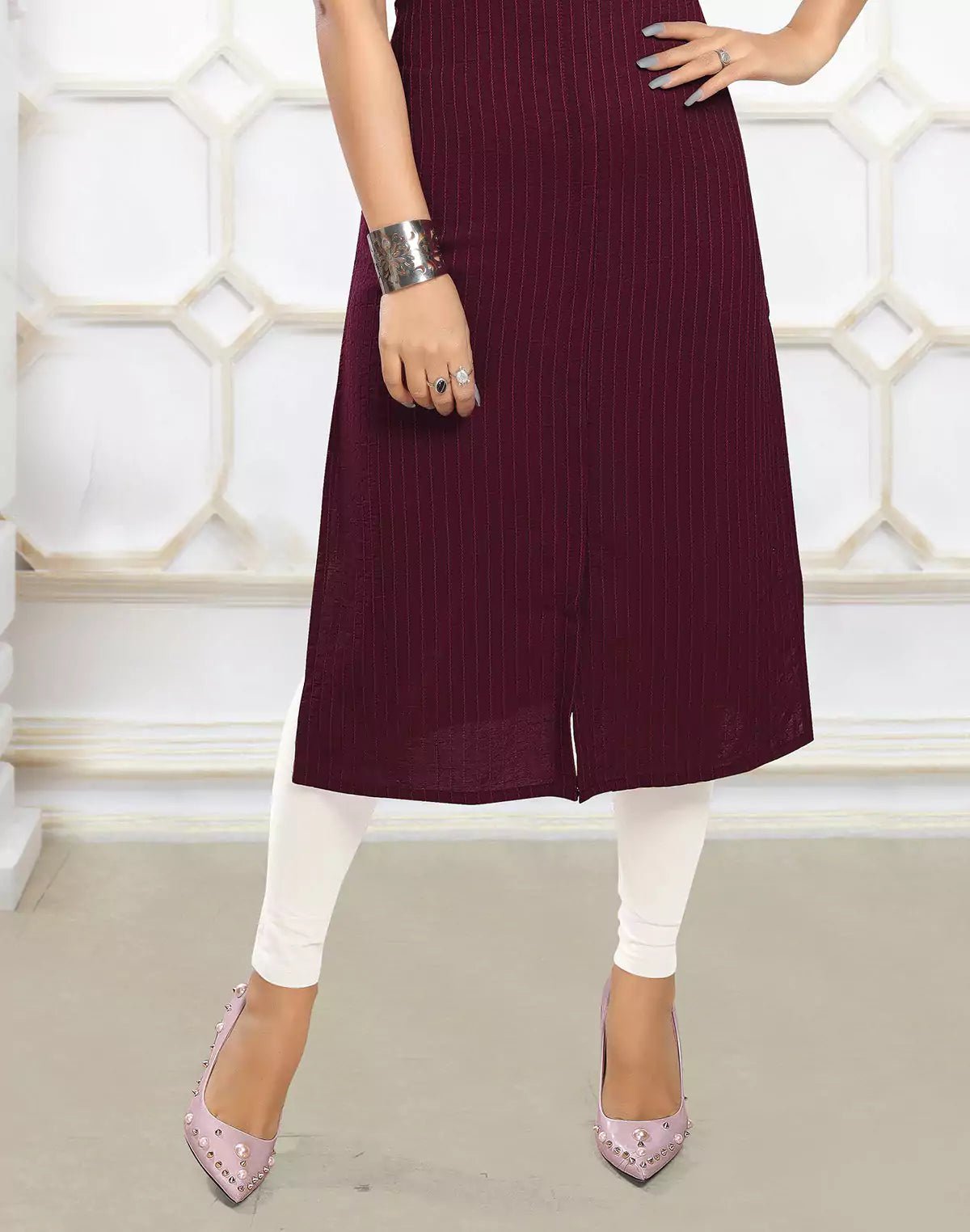 Image of Maroon Stripes Self Pattern Cotton Silk Kurti - South India Shopping Mall