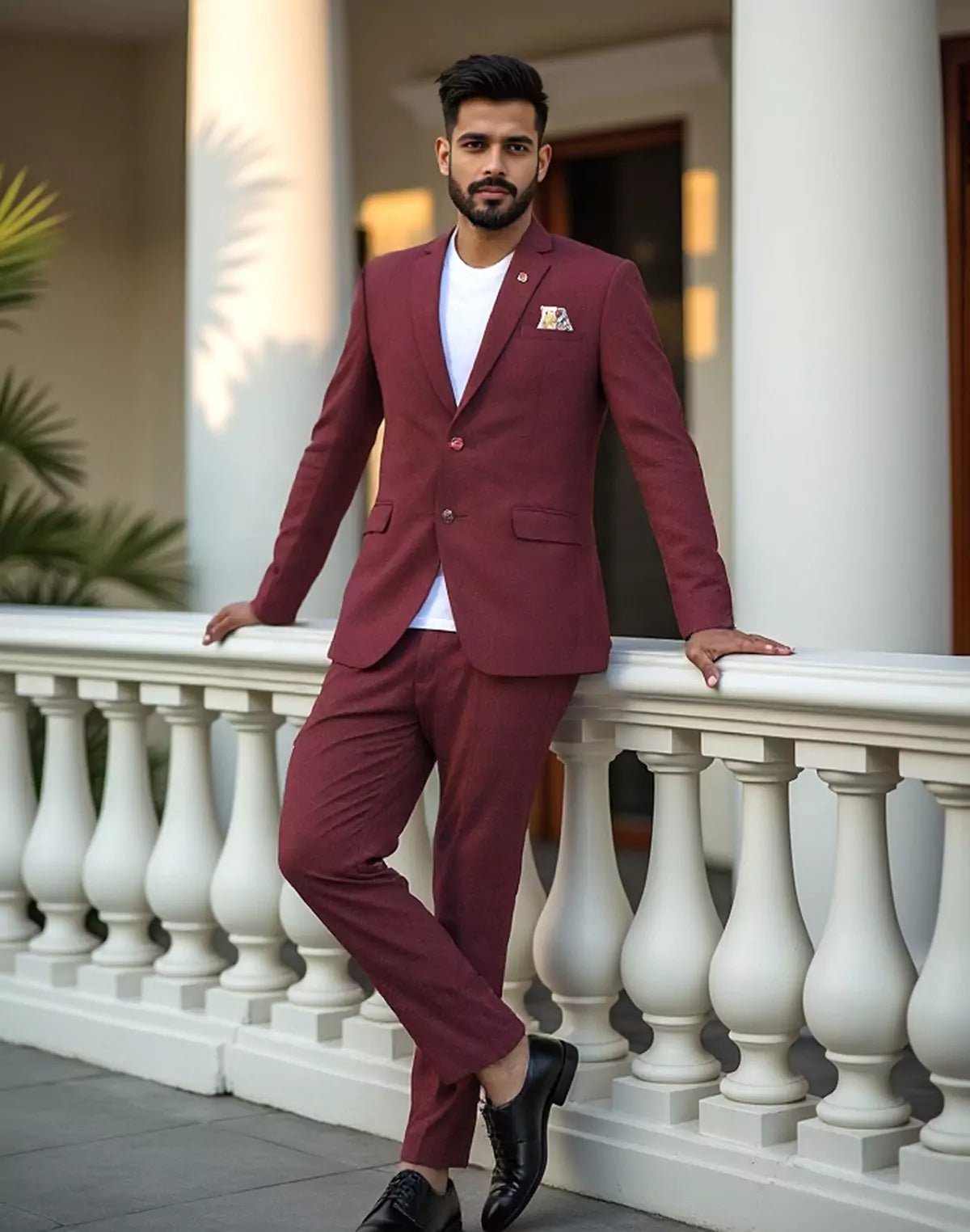Image of Maroon Textured Polyester Viscose Blazer - South India Shopping Mall