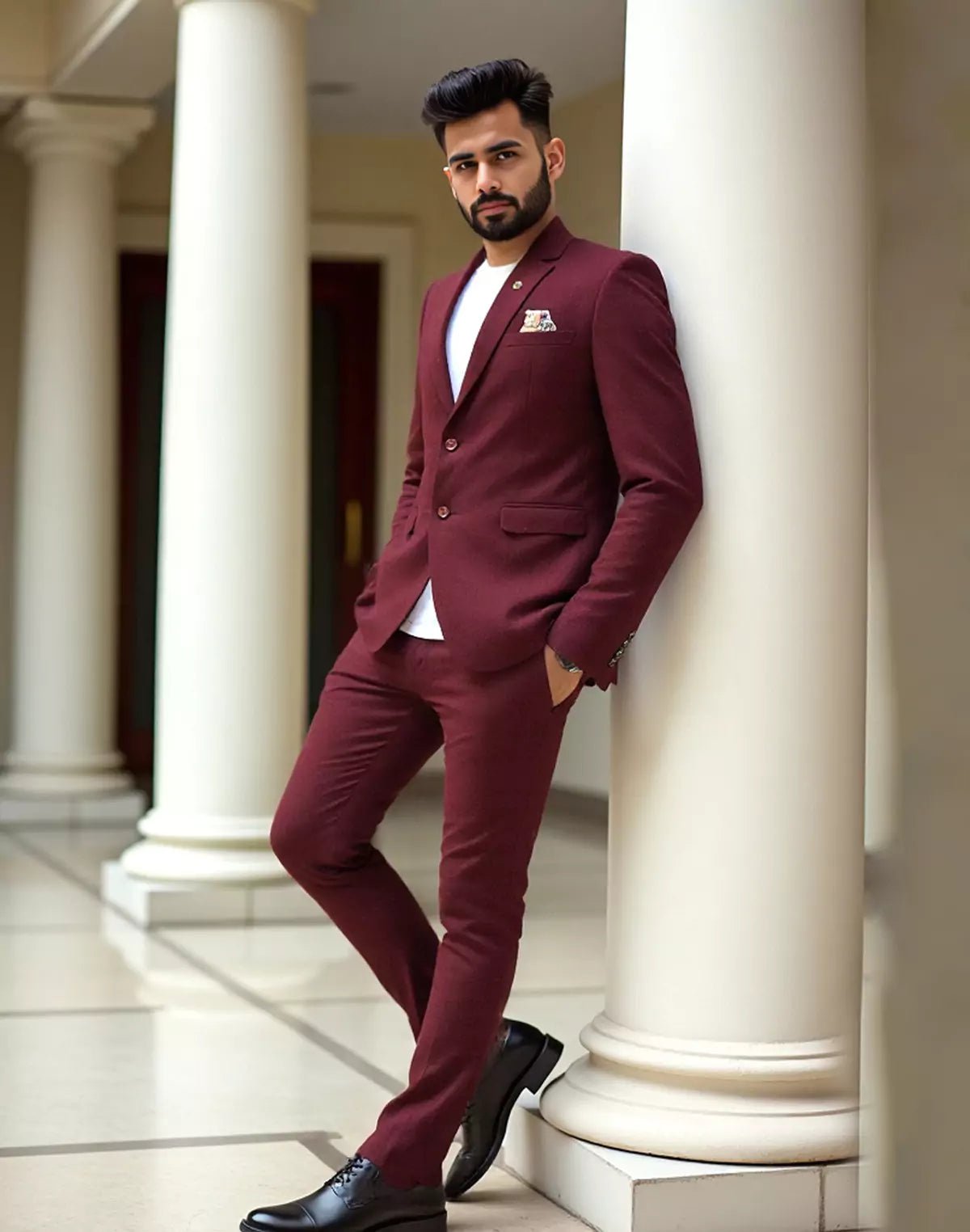 Image of Maroon Textured Polyester Viscose Blazer - South India Shopping Mall