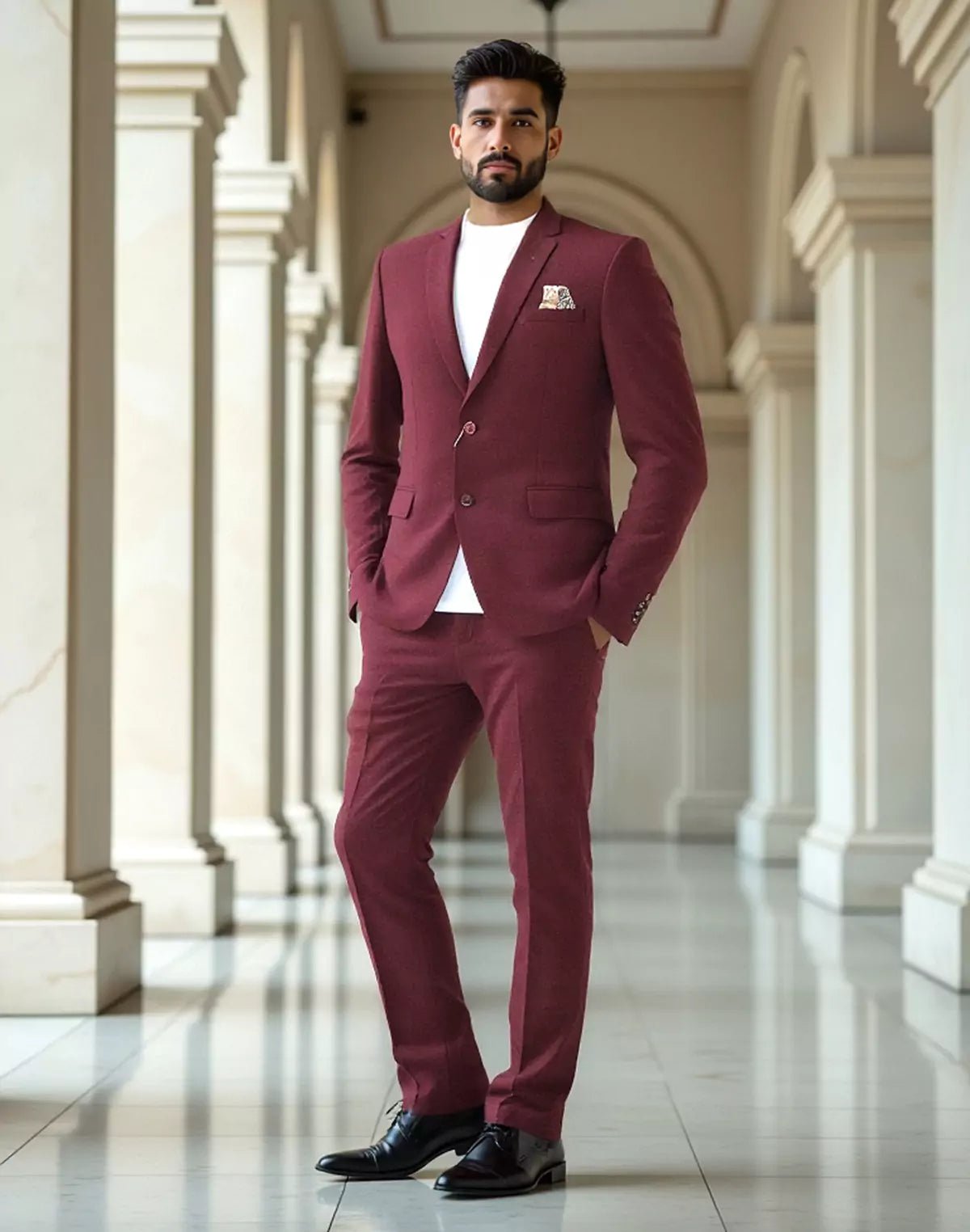 Image of Maroon Textured Polyester Viscose Blazer - South India Shopping Mall
