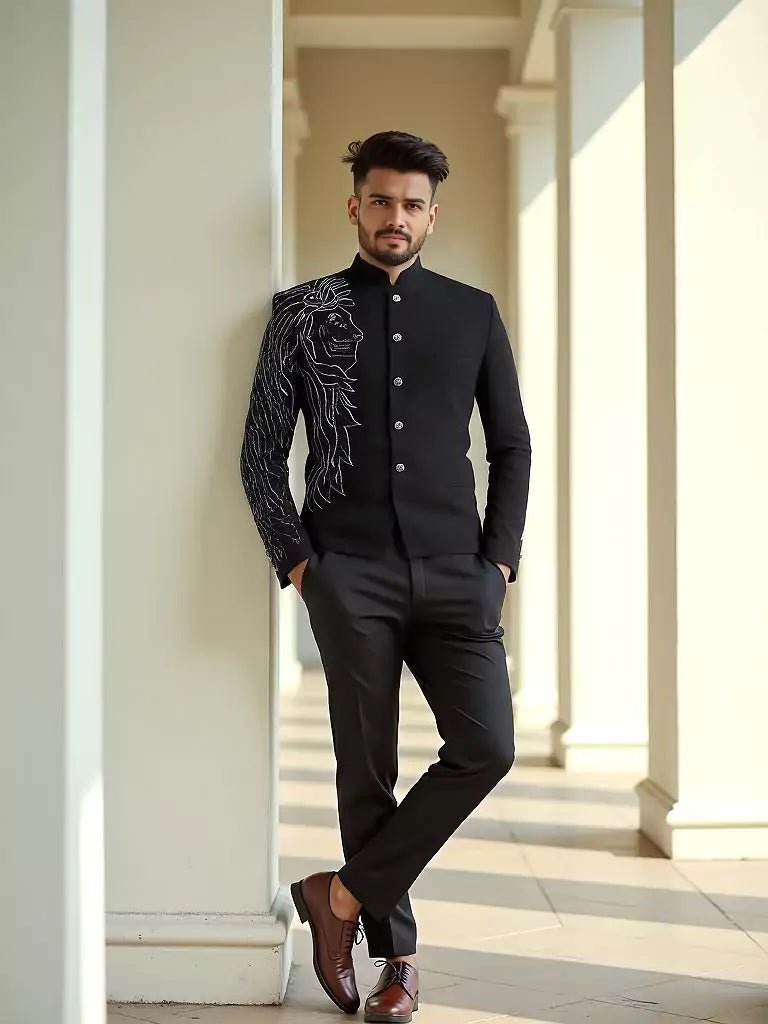 Image of Massive Black Polynosic Pearls work Bandhgala Suit - South India Shopping Mall