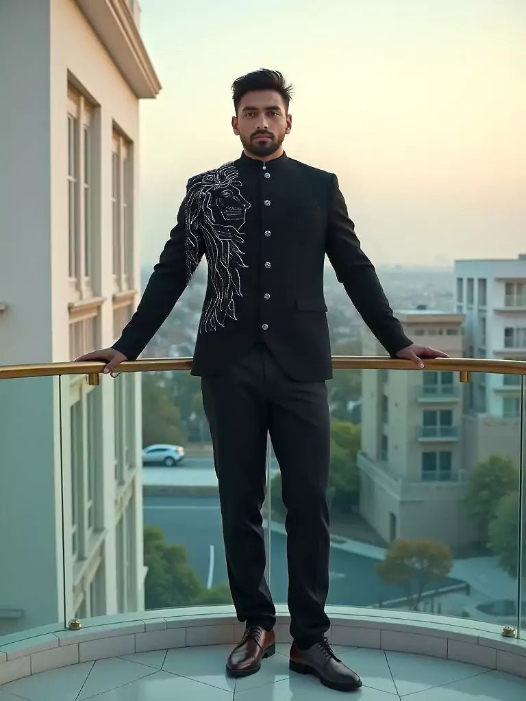 Image of Massive Black Polynosic Pearls work Bandhgala Suit - South India Shopping Mall