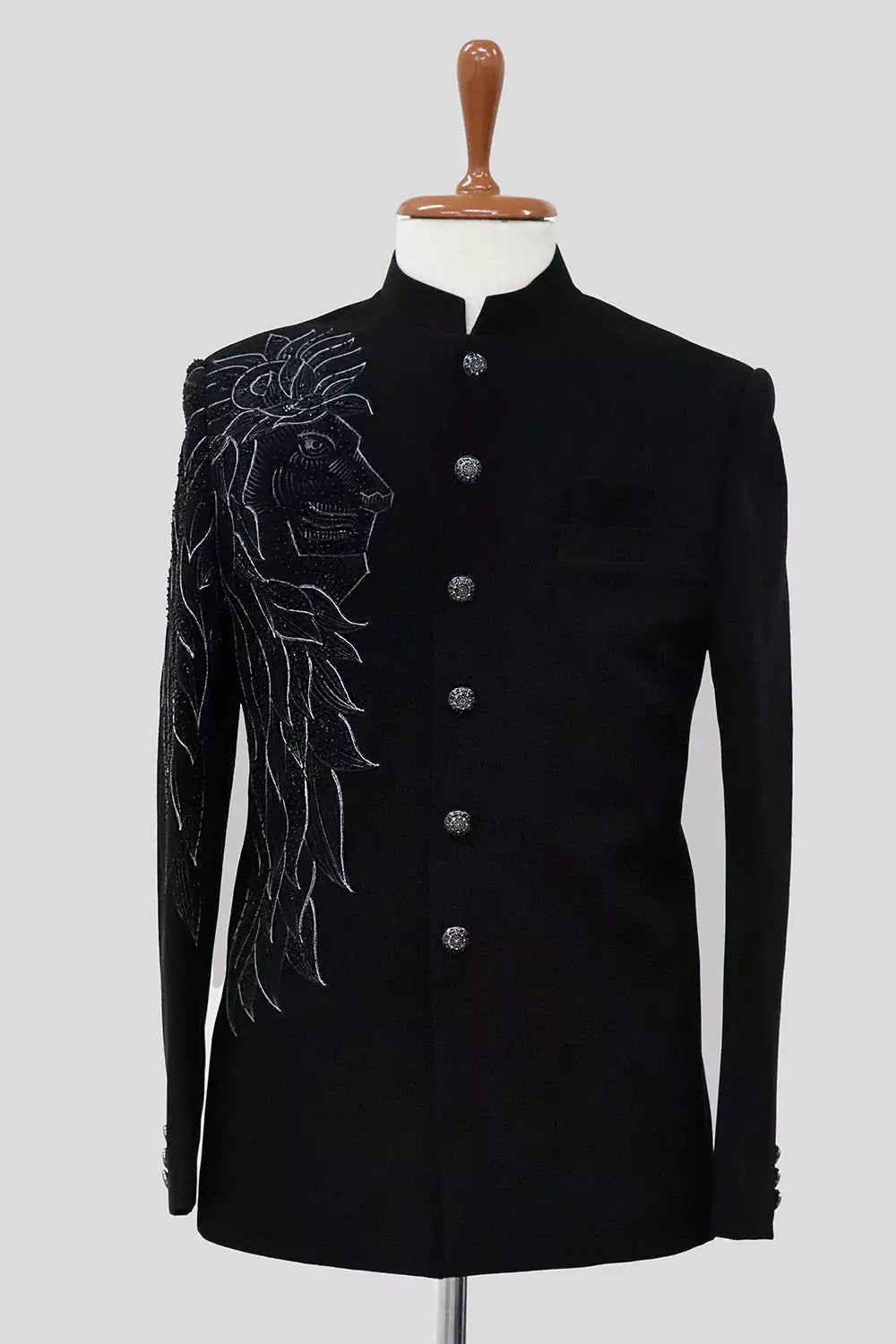 Image of Massive Black Polynosic Pearls work Bandhgala Suit - South India Shopping Mall
