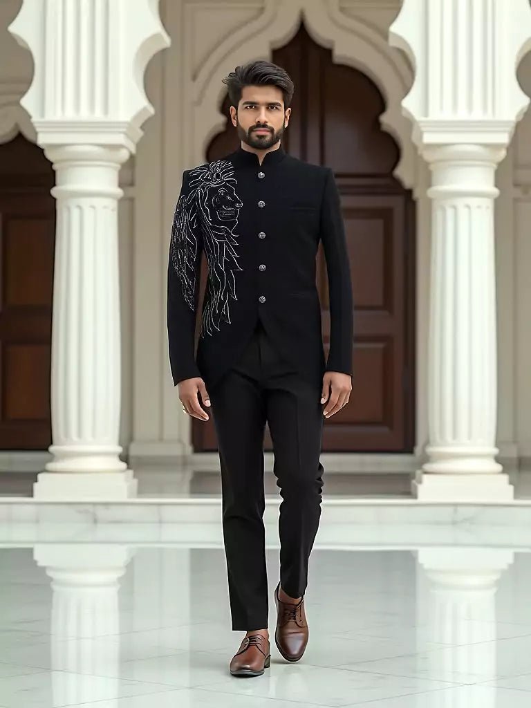 Image of Massive Black Polynosic Pearls work Bandhgala Suit - South India Shopping Mall