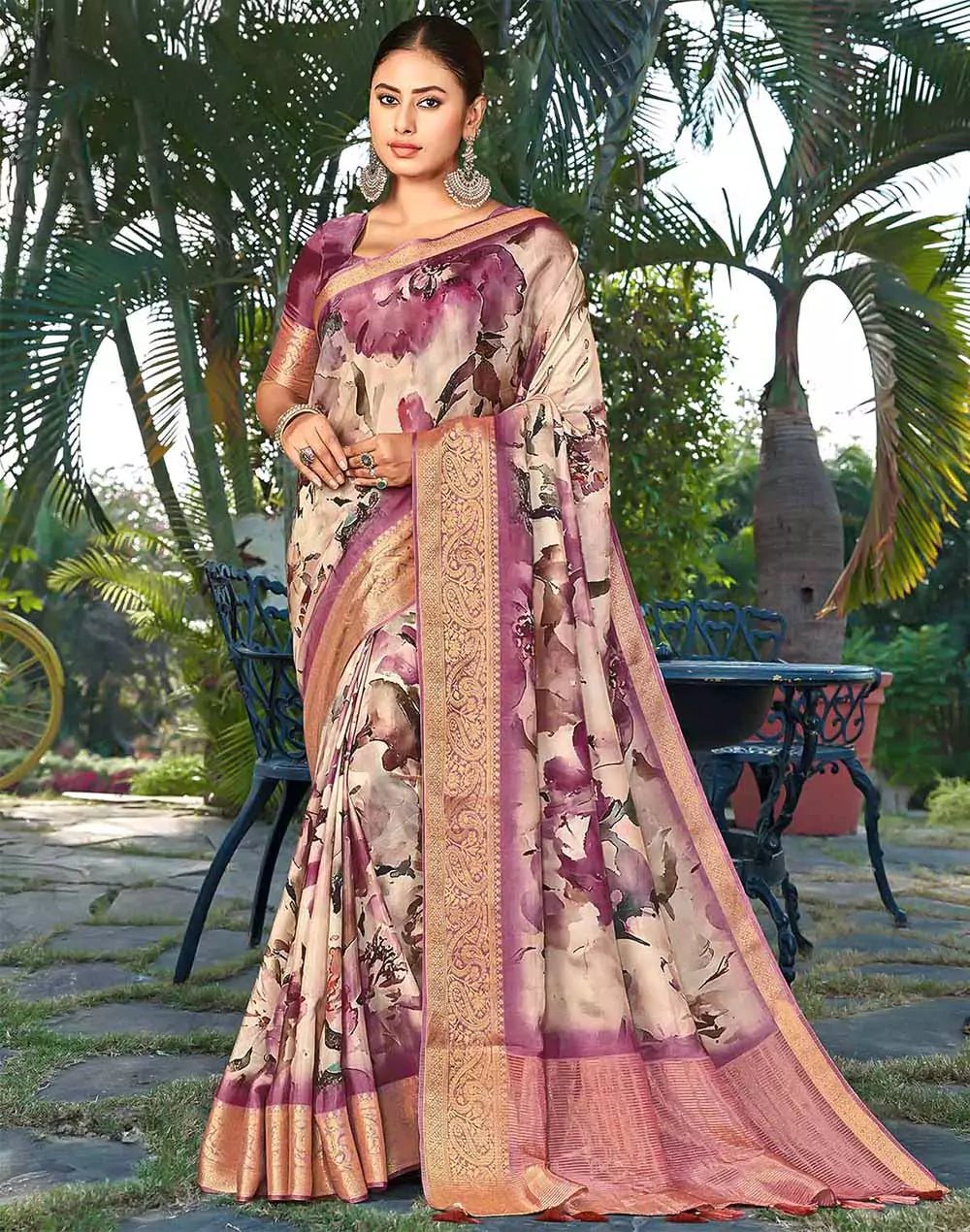 Image of Mauve Purple Graphic Print smooth Dola Silk Saree - South India Shopping Mall