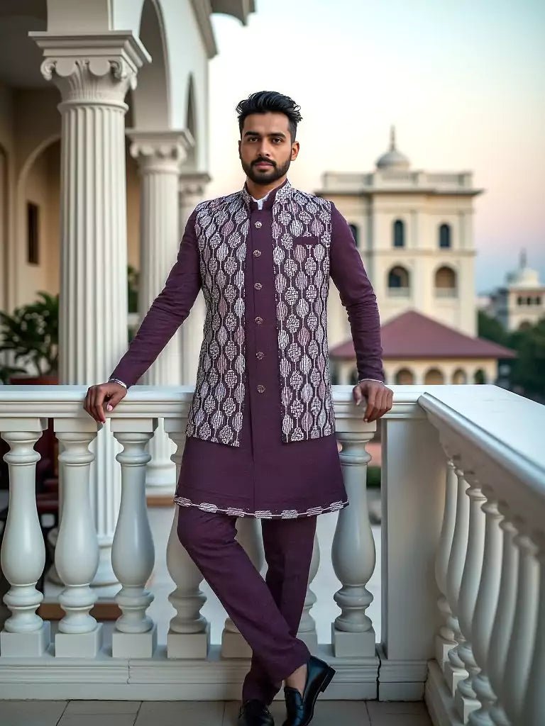 Image of Mauve Wine Imperial Patterned Thread work Milky Silk Indo Open Style - South India Shopping Mall