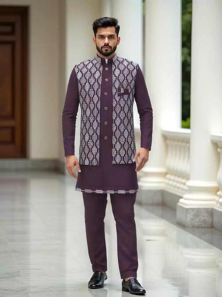 Image of Mauve Wine Imperial Patterned Thread work Milky Silk Indo Open Style - South India Shopping Mall