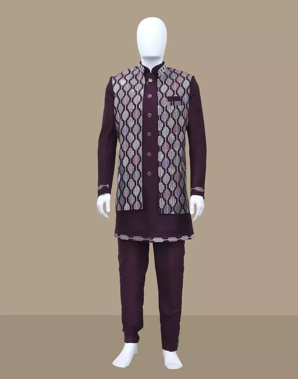 Image of Mauve Wine Imperial Patterned Thread work Milky Silk Indo Open Style - South India Shopping Mall