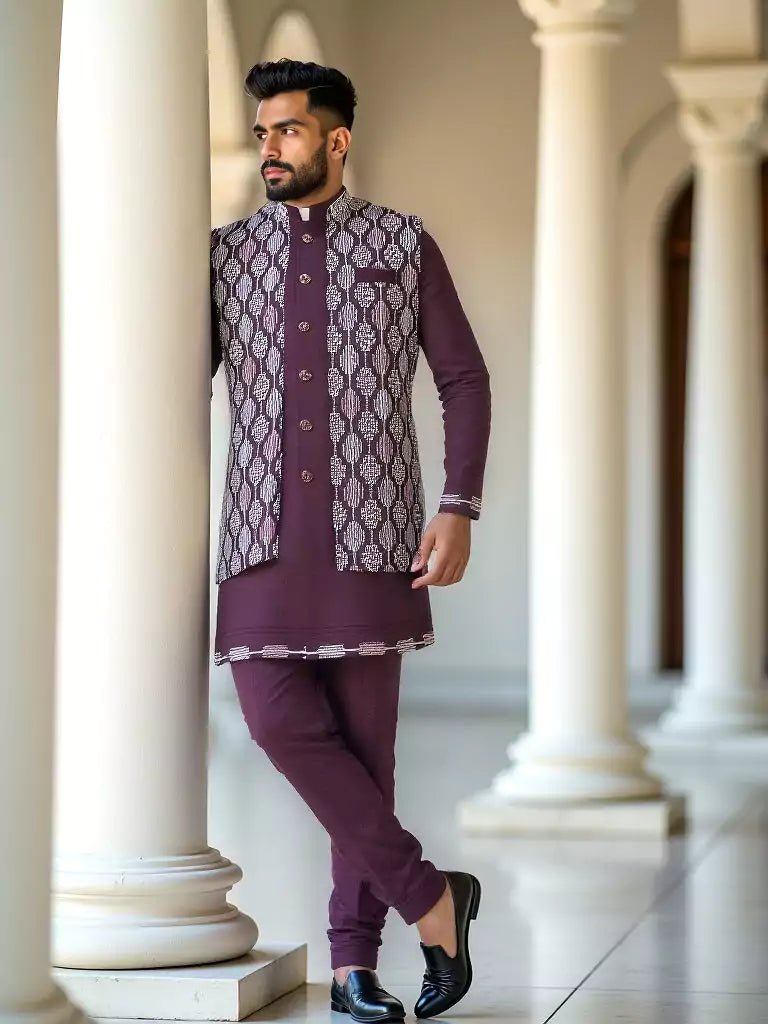 Image of Mauve Wine Imperial Patterned Thread work Milky Silk Indo Open Style - South India Shopping Mall