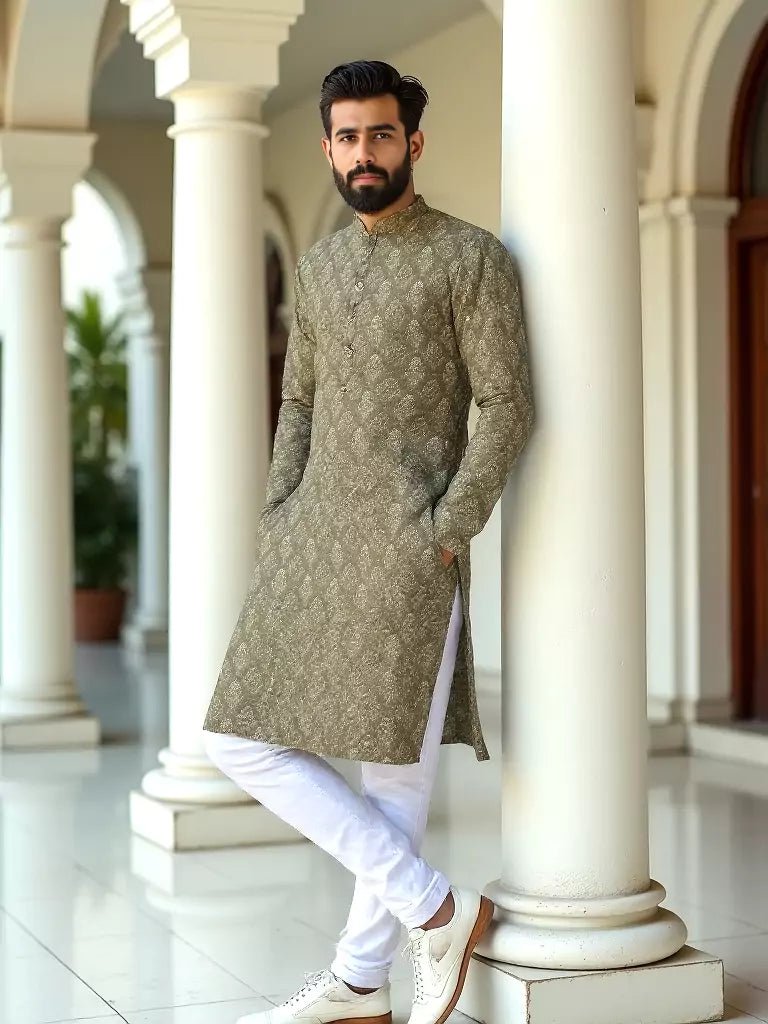 Image of Mehendi Color Floral Bunches Cotton Printed Kurta Pajamas - South India Shopping Mall