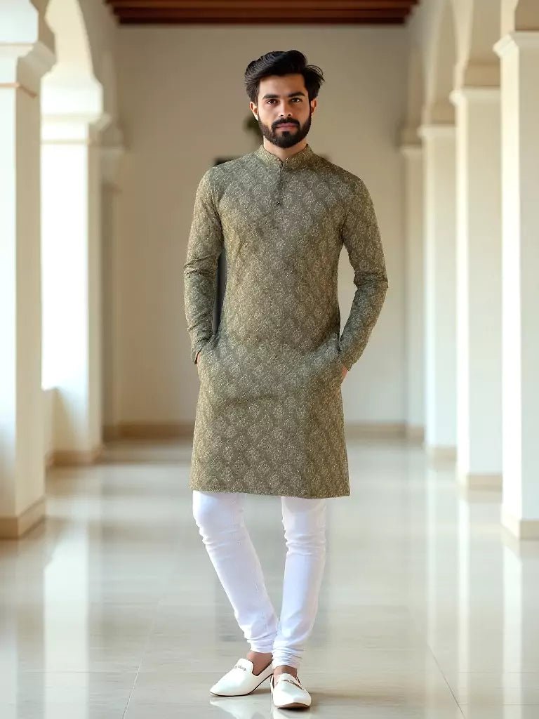 Image of Mehendi Color Floral Bunches Cotton Printed Kurta Pajamas - South India Shopping Mall