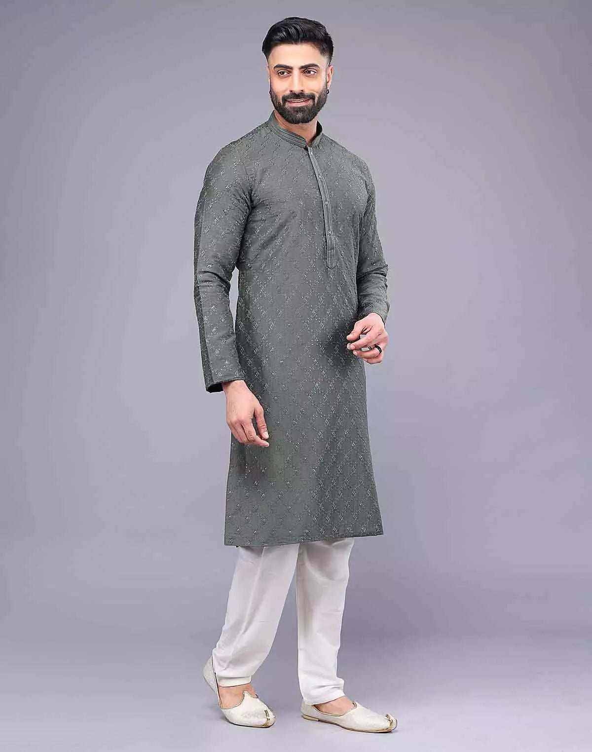 Image of Mehendi Coloured Embellished work Soft Silk Party Wear Kurta Set - South India Shopping Mall