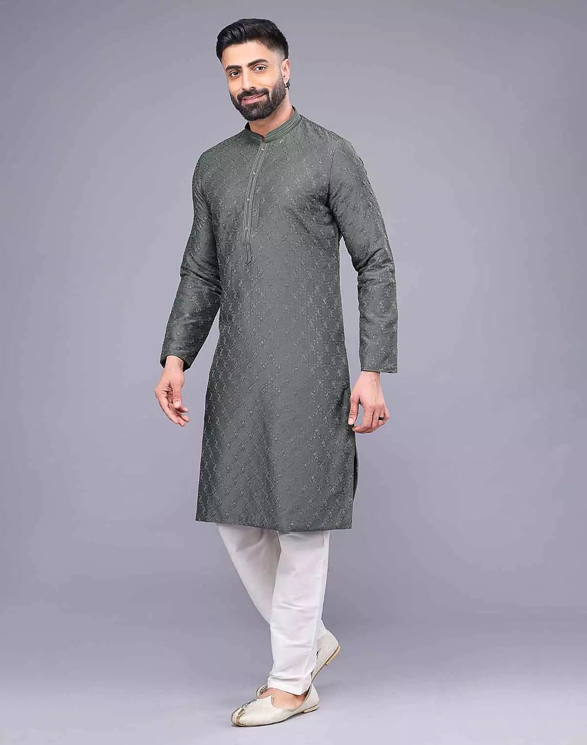 Image of Mehendi Coloured Embellished work Soft Silk Party Wear Kurta Set - South India Shopping Mall