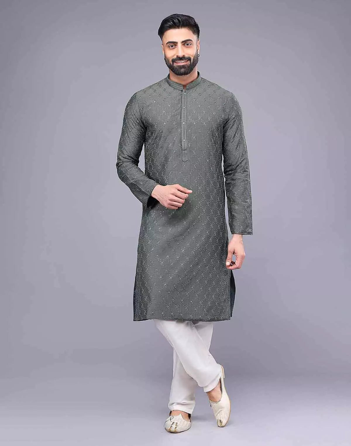 Image of Mehendi Coloured Embellished work Soft Silk Party Wear Kurta Set - South India Shopping Mall