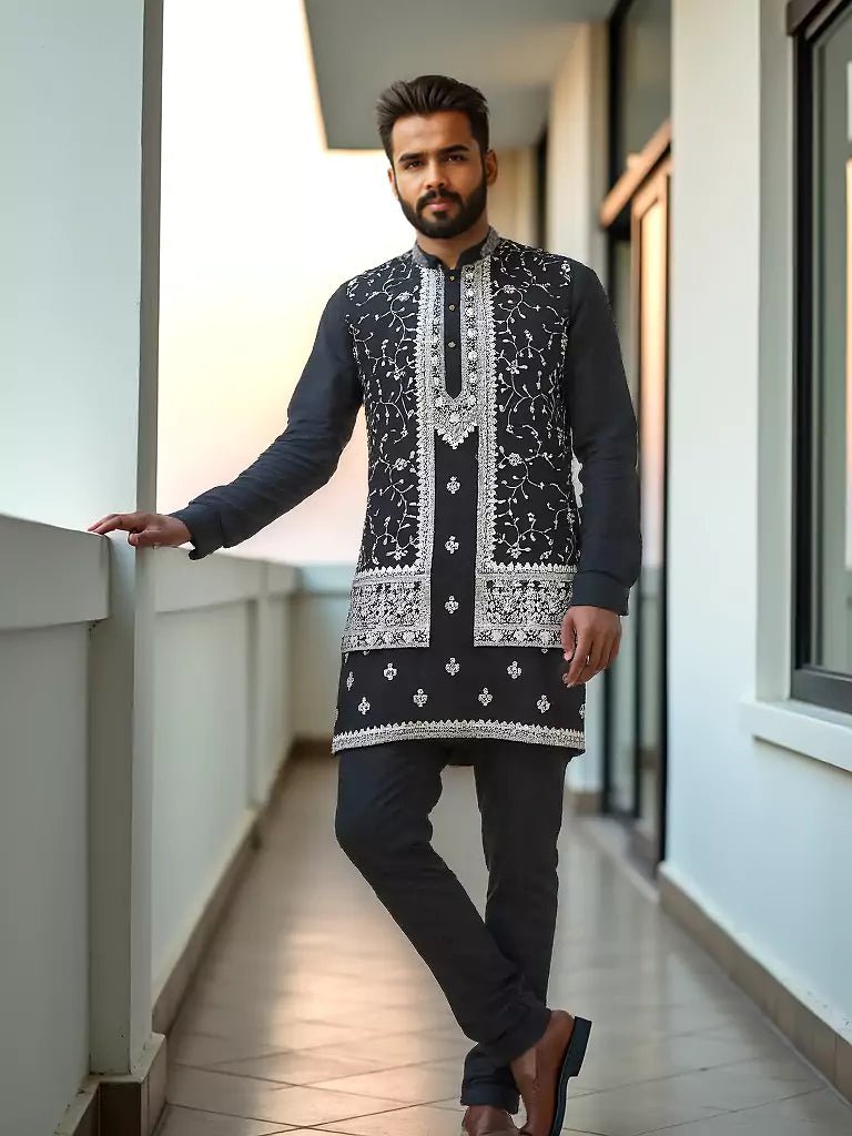 Image of Mehendi Floral Design Thread Embroidery Raw Silk Kurta Set - South India Shopping Mall