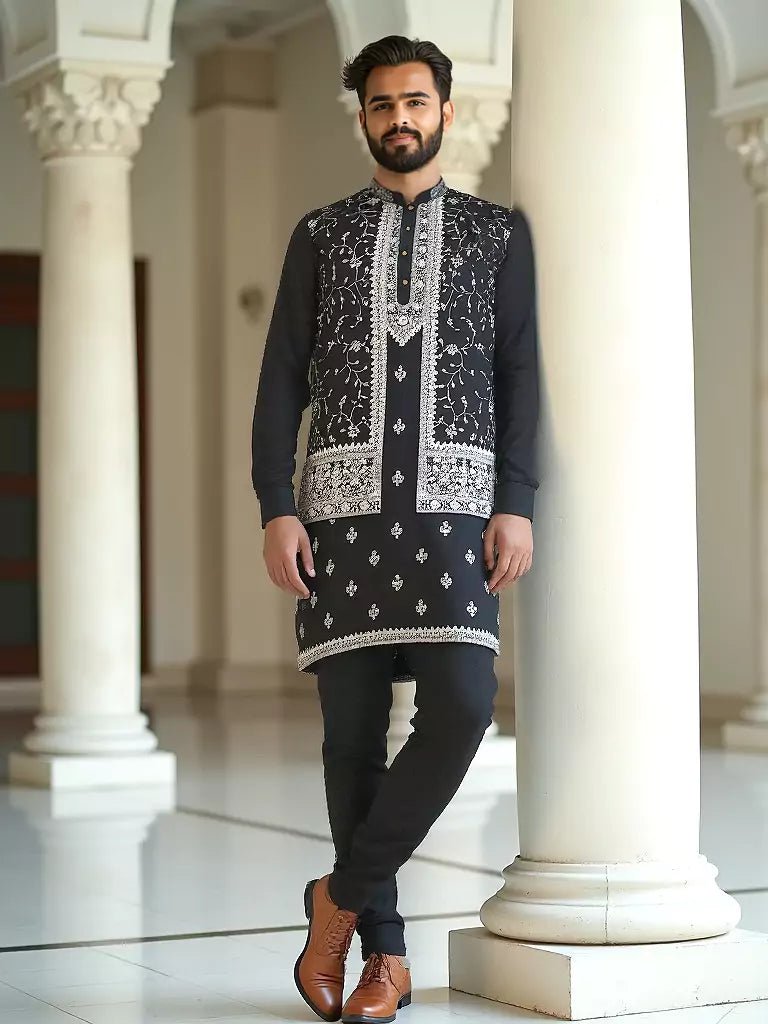Image of Mehendi Floral Design Thread Embroidery Raw Silk Kurta Set - South India Shopping Mall