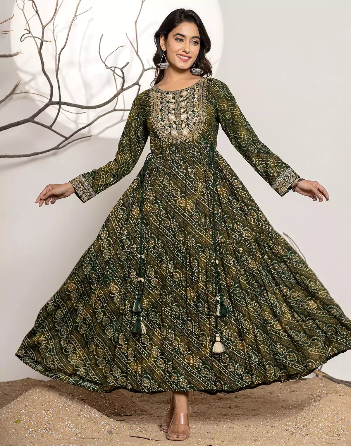 Image of Mehendi Green Bandhini Print Rayon Flary Kurti - South India Shopping Mall