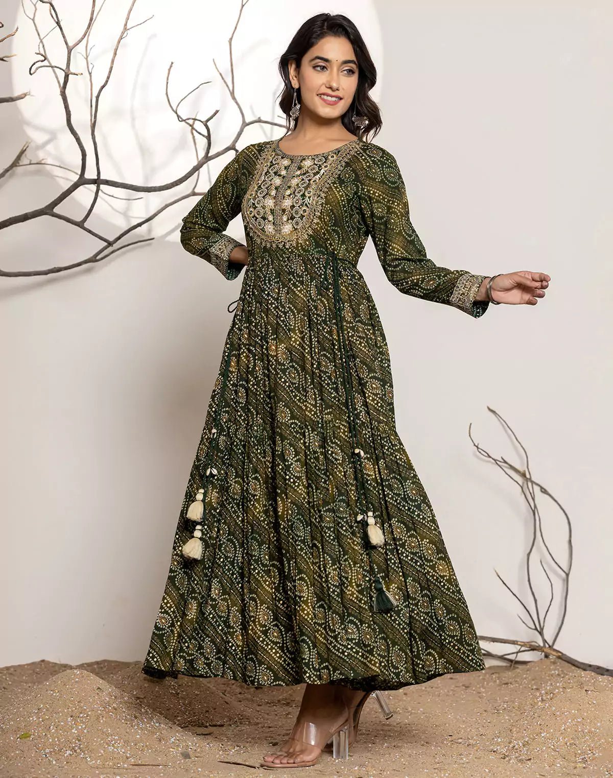 Image of Mehendi Green Bandhini Print Rayon Flary Kurti - South India Shopping Mall
