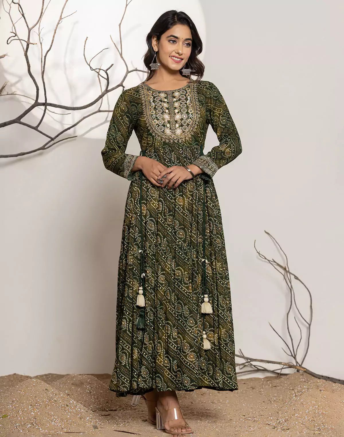 Image of Mehendi Green Bandhini Print Rayon Flary Kurti - South India Shopping Mall