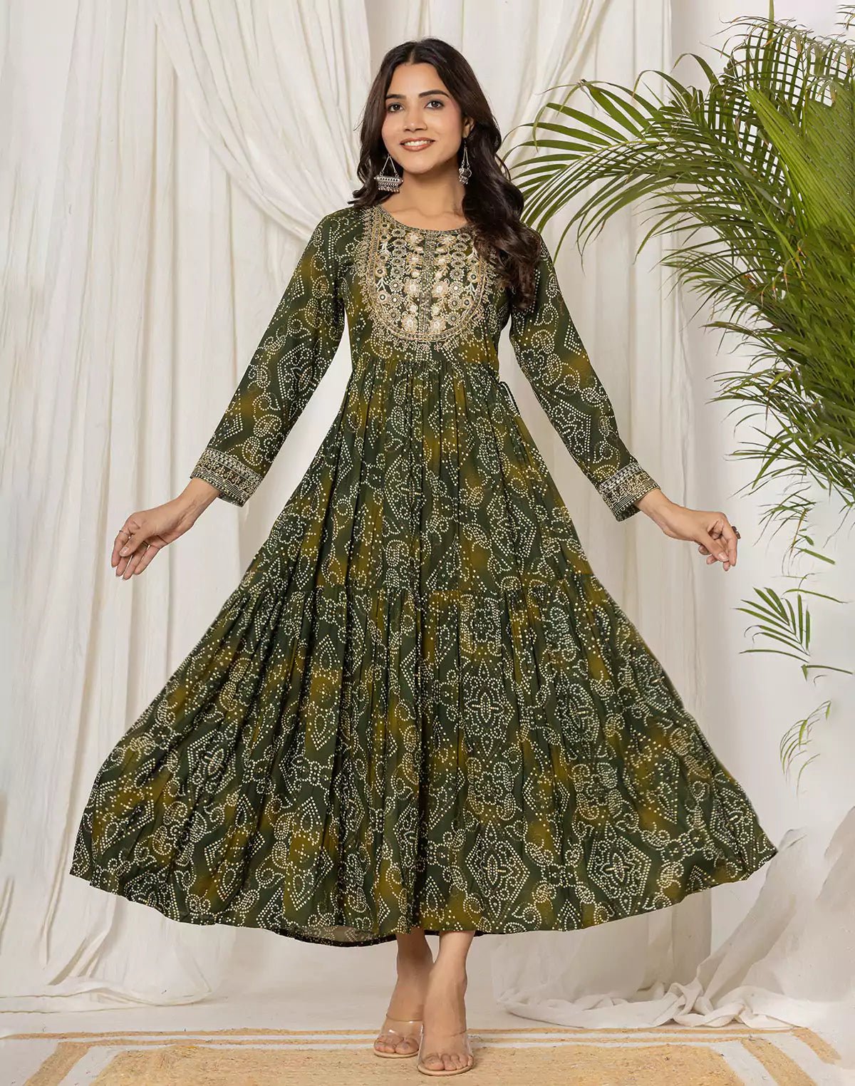 Image of Mehendi Green Bandhini Print Rayon Kurti in Round Neck - South India Shopping Mall