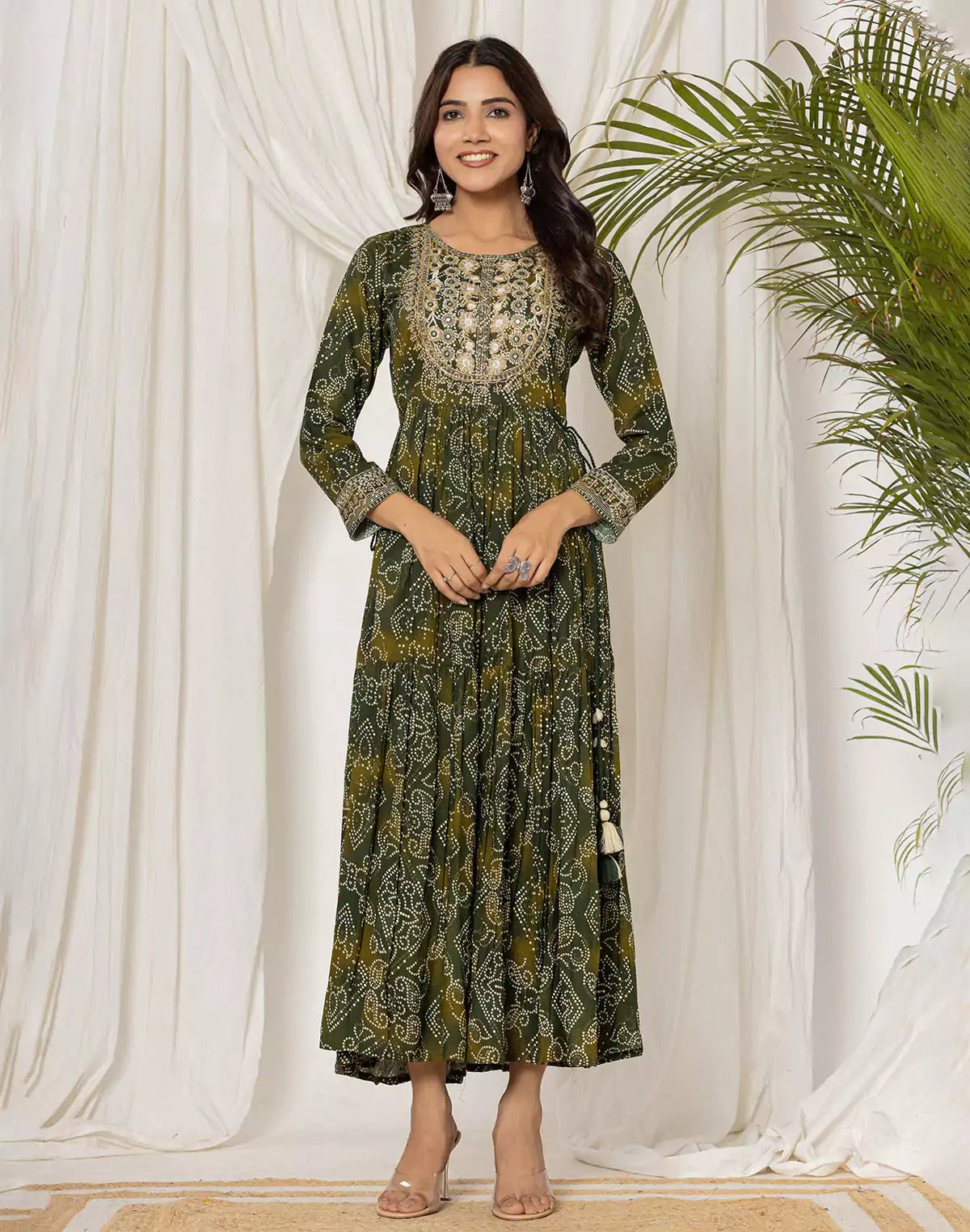 Image of Mehendi Green Bandhini Print Rayon Kurti in Round Neck - South India Shopping Mall