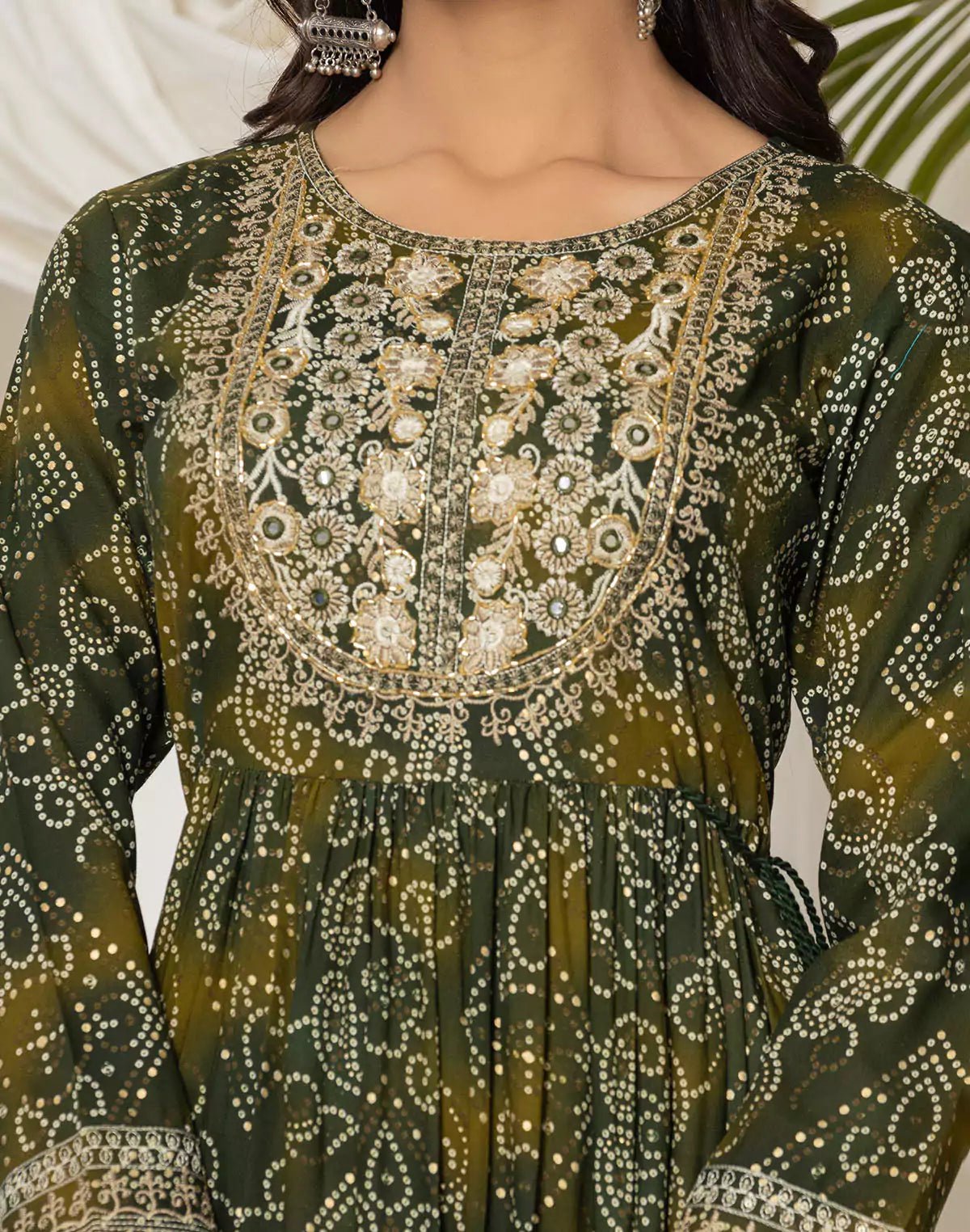 Image of Mehendi Green Bandhini Print Rayon Kurti in Round Neck - South India Shopping Mall
