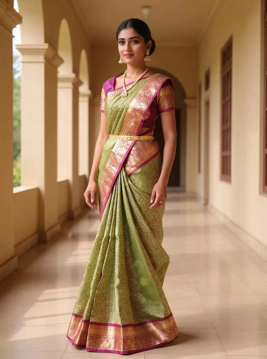Image of Mehendi Green Floral Brocade Kanchi Pattu Silk Saree - South India Shopping Mall