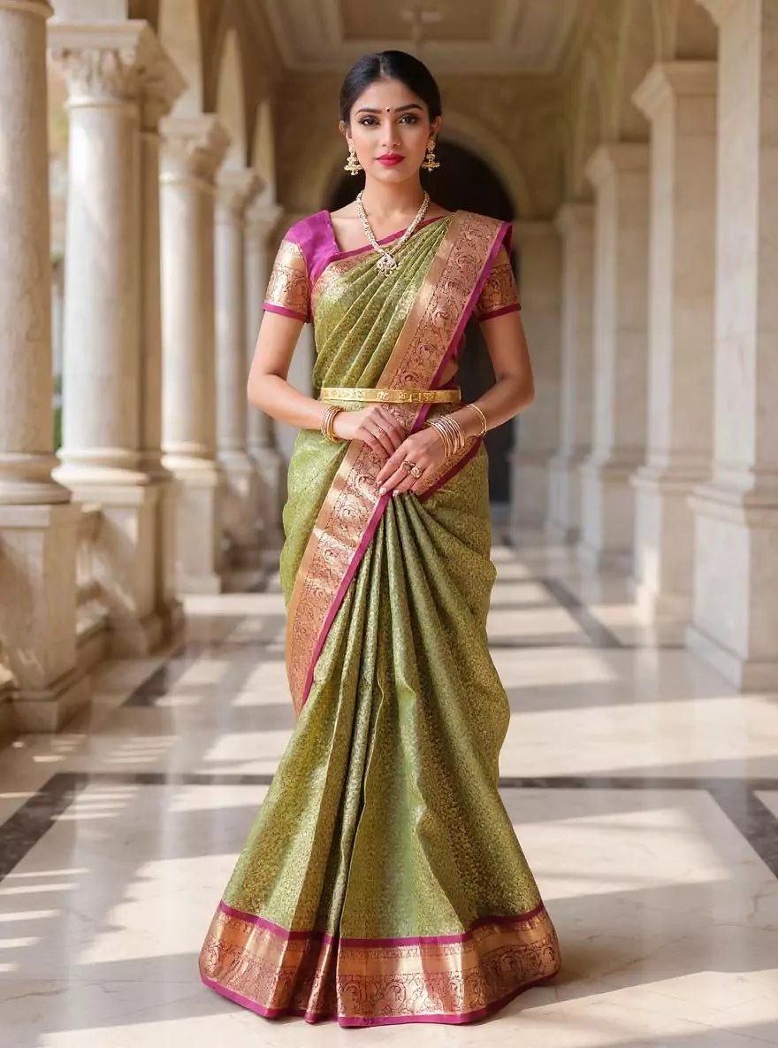 Image of Mehendi Green Floral Brocade Kanchi Pattu Silk Saree - South India Shopping Mall