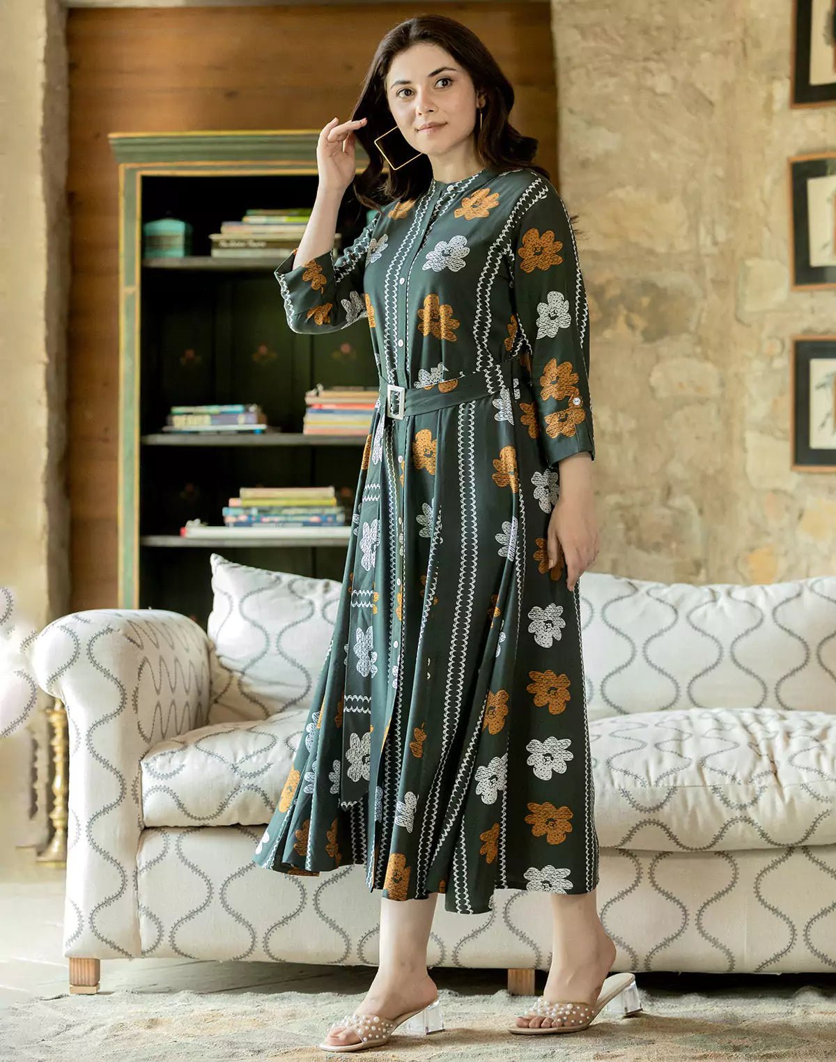 Image of Mehendi Green Floral Bunches Cotton Silk Kurti With Belt - South India Shopping Mall