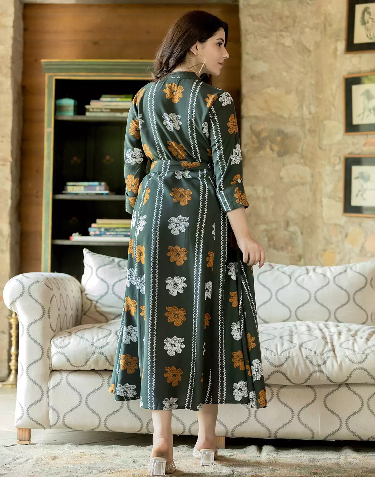 Mehendi Green Floral Bunches Cotton Silk Kurti With Belt - South India Shopping Mall