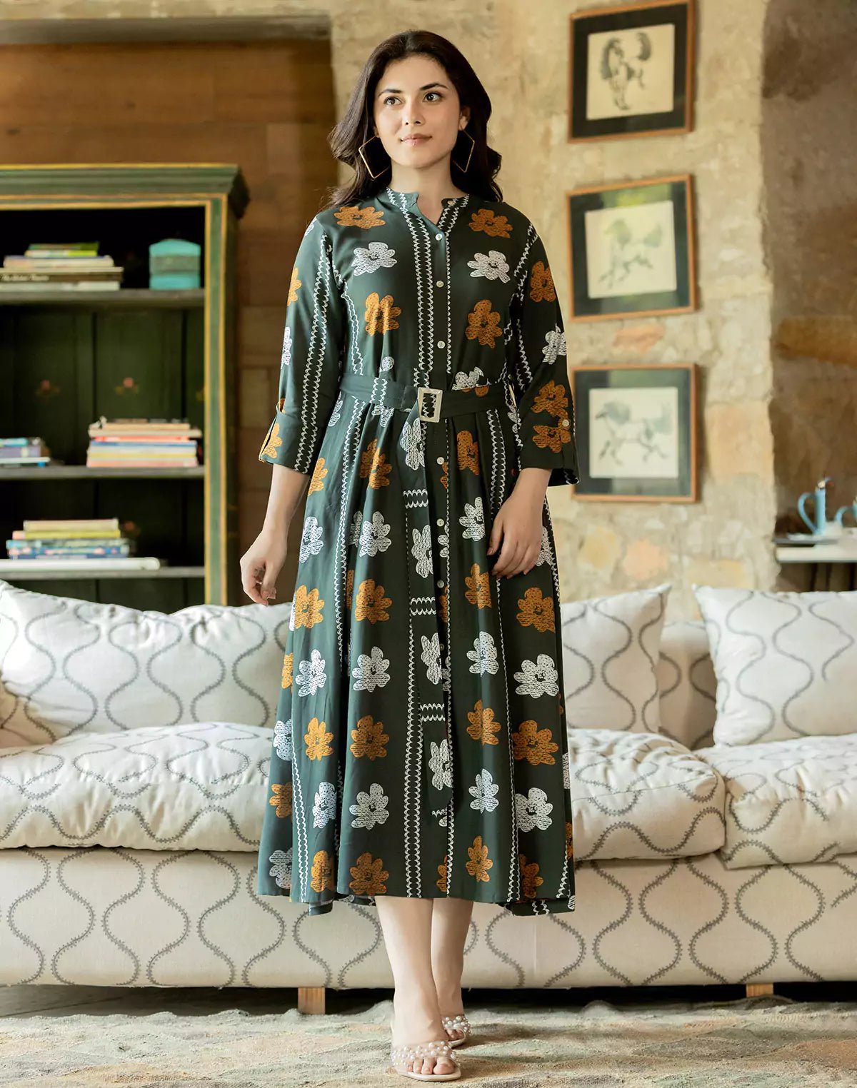 Image of Mehendi Green Floral Bunches Cotton Silk Kurti With Belt - South India Shopping Mall