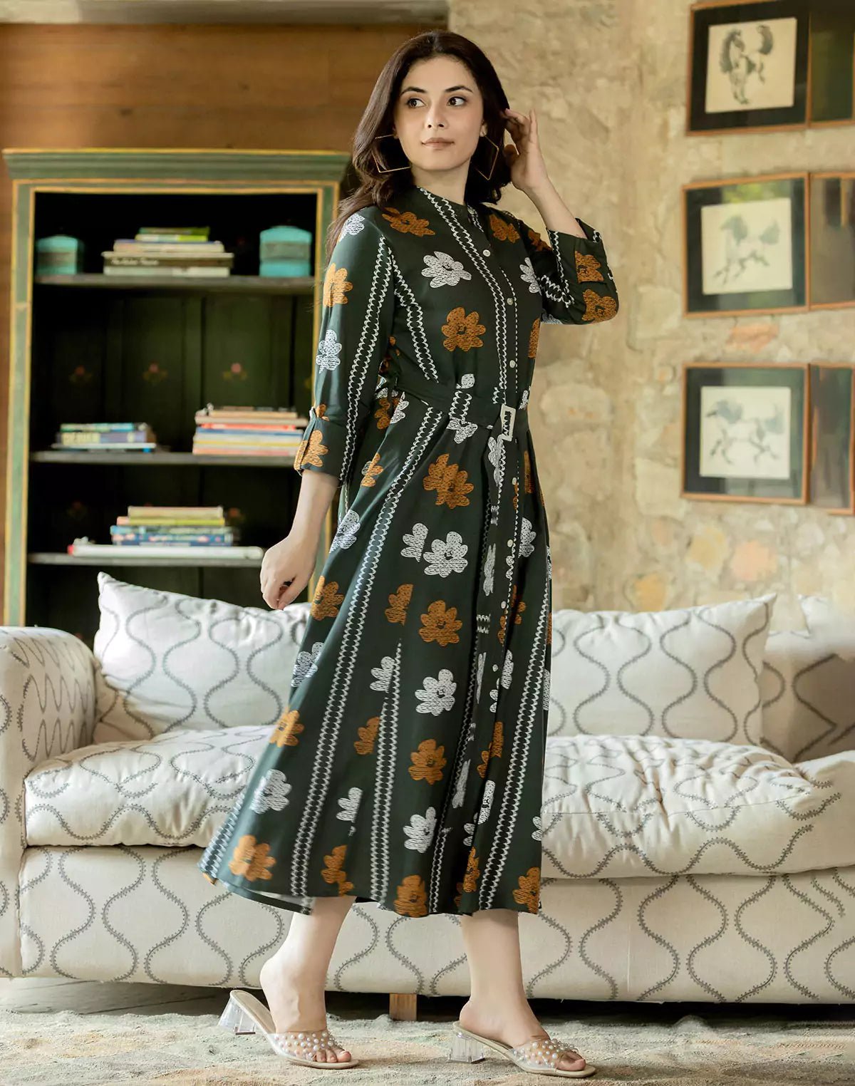 Image of Mehendi Green Floral Bunches Cotton Silk Kurti With Belt - South India Shopping Mall