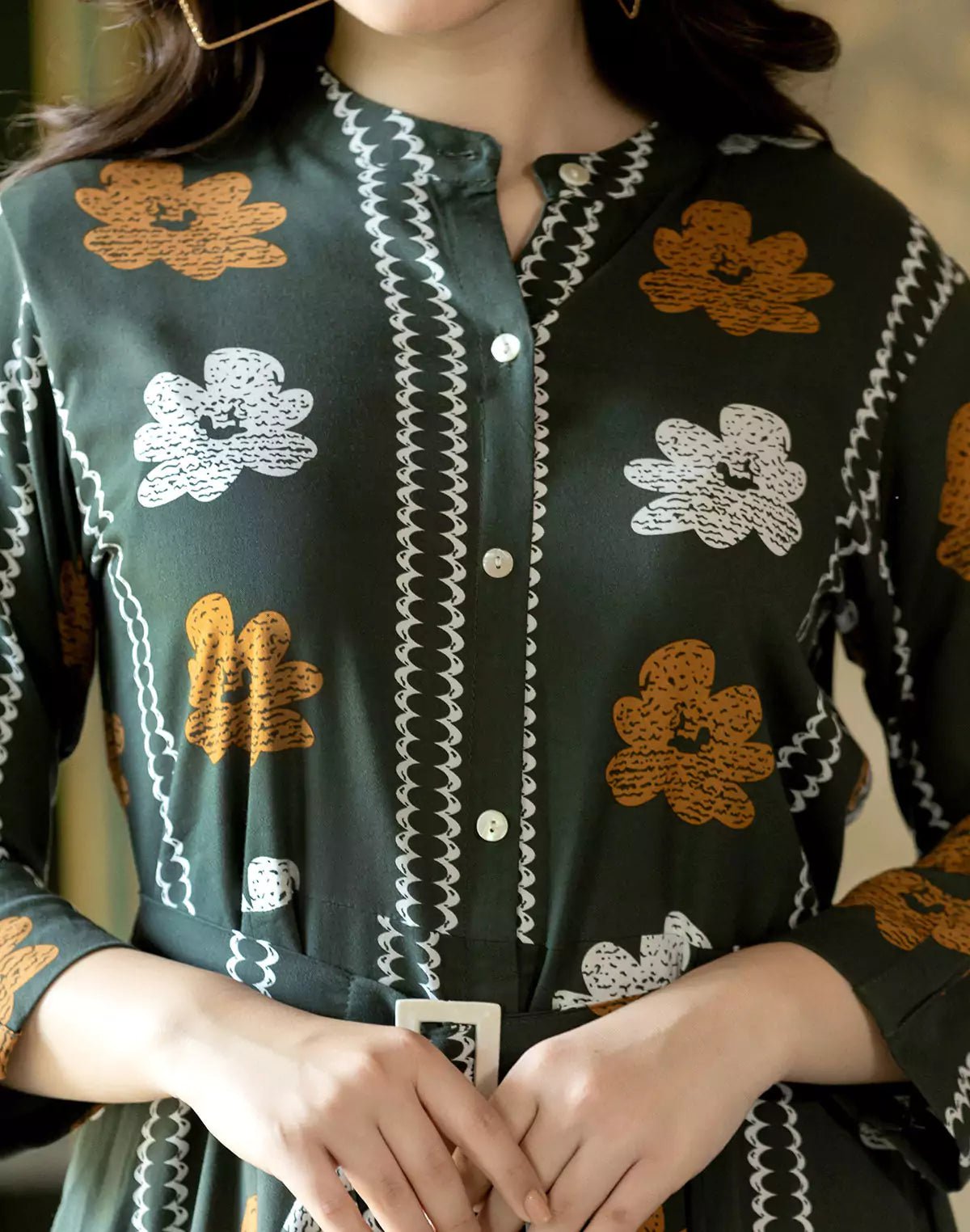 Image of Mehendi Green Floral Bunches Cotton Silk Kurti With Belt - South India Shopping Mall