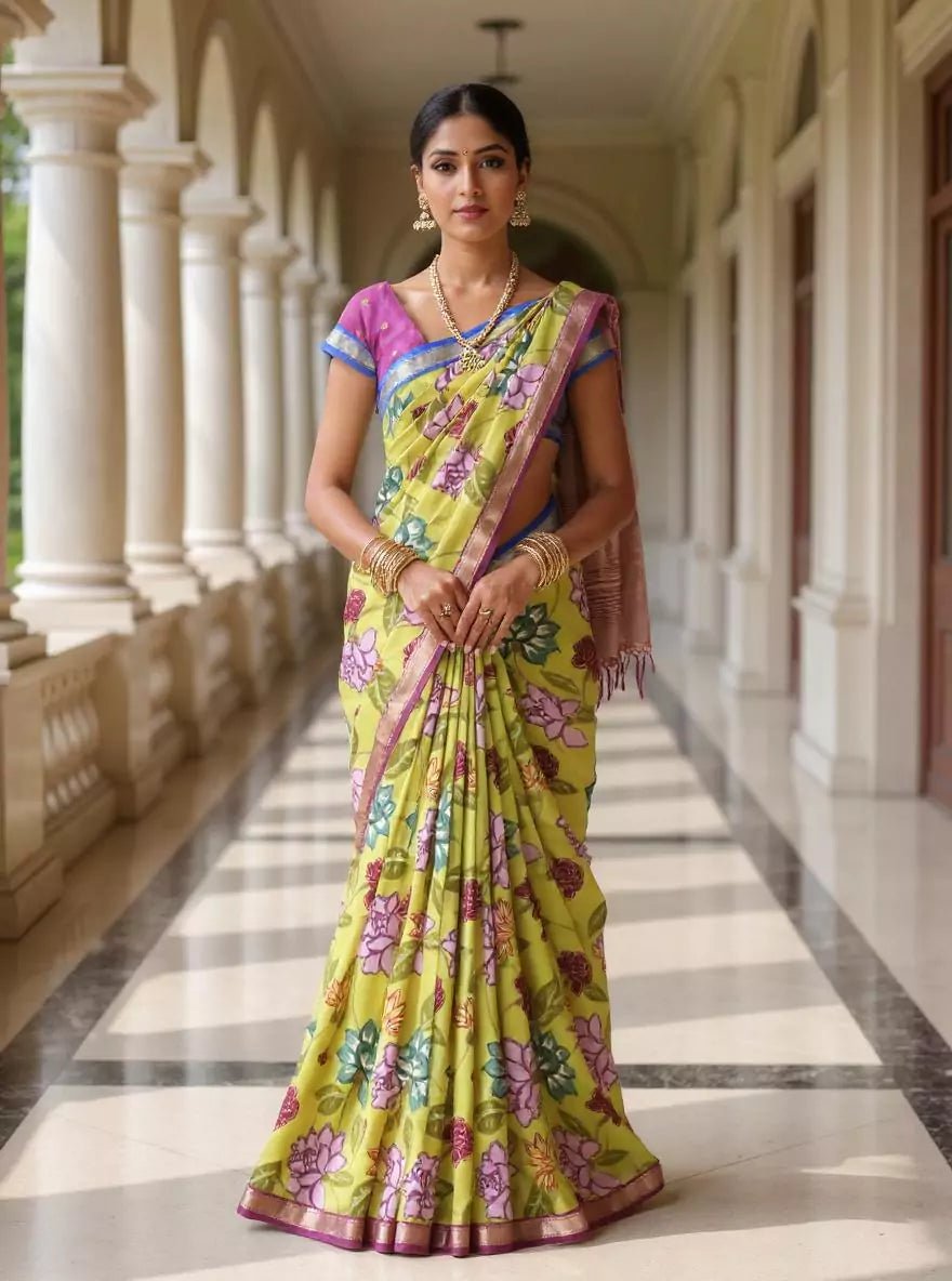 Mehendi Green Floral Dola Silk Saree with Ganga Jamuna Kaddi Border - South India Shopping Mall